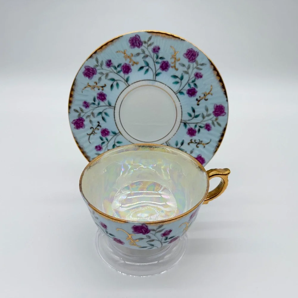Vintage Japan Lusterware Tea Cup Saucer Set Purple Rose Gold Gilt Footed Blue